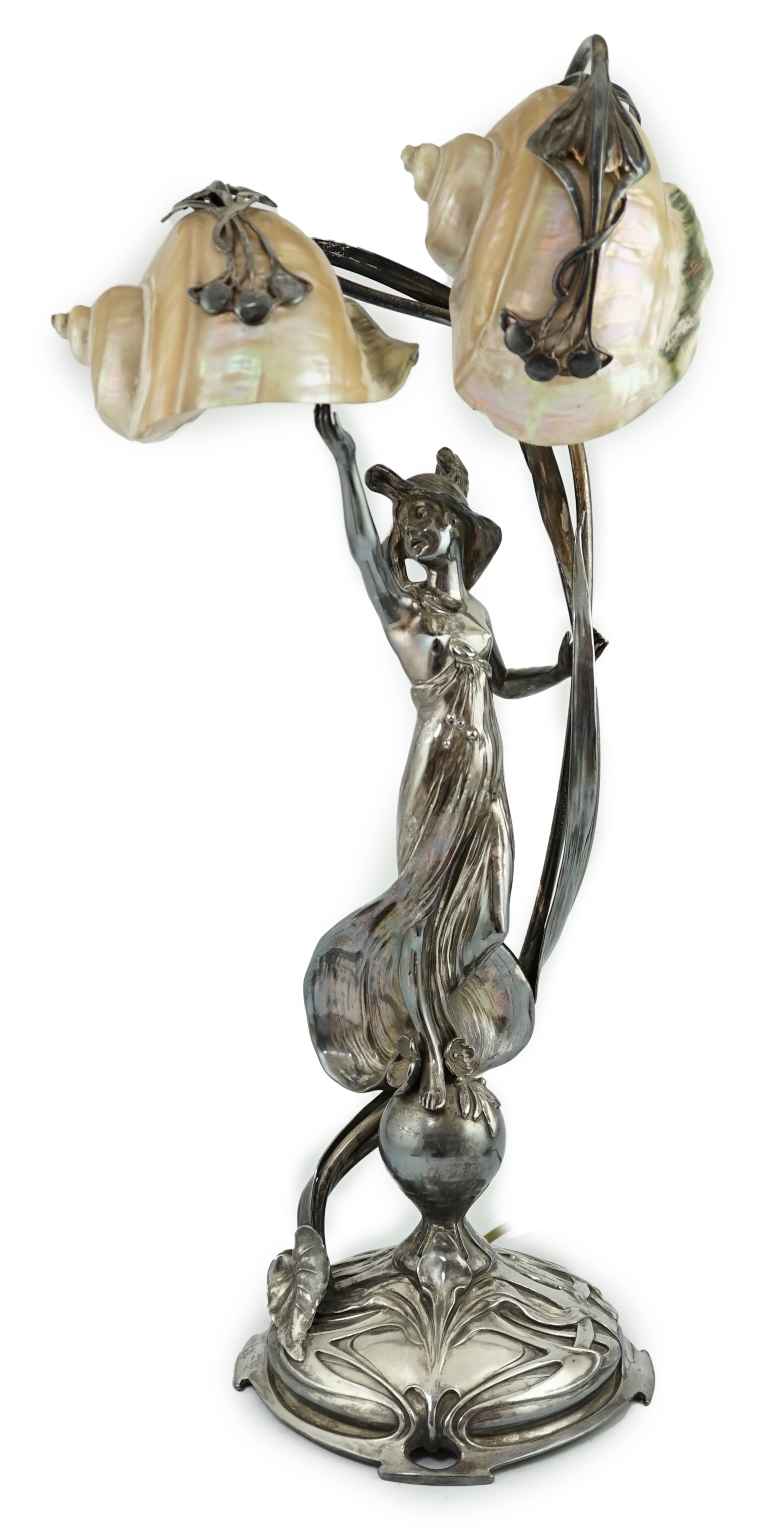 An impressive Art Nouveau electroplate shell mounted figural table lamp, by Moritz Hacker, c.1900